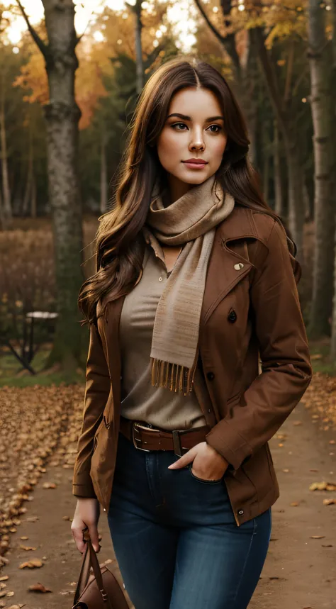 full body, long_hair, gorgeous, city girl, western, autumn scarf, medium boobs under clothes, brown jacket, autumn clothes, semi-cold outside clothes, (masterpiece), best quality, garden, grass, outside, night time, autumn blurry background, in the forest,...