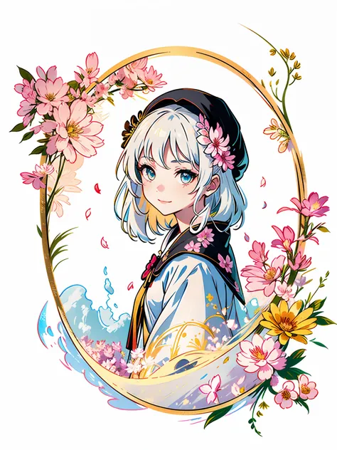 stickers, T-shirt design, masterpiece, best quality,
1girl, (colorful),(finely detailed beautiful eyes and detailed face),cinematic lighting,bust shot,extremely detailed CG unity 8k wallpaper,white hair,solo,smile,intricate skirt,((flying petal)),(Flowery ...