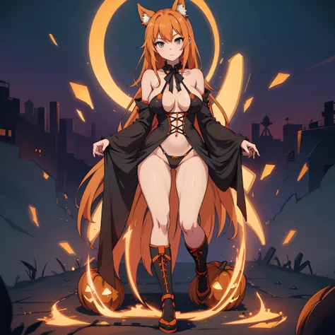 1girl, solo, Standing, skinny, Anime girl, orange hair, large breasts, sexy, revealing outfit, Halloween theme, full body shot