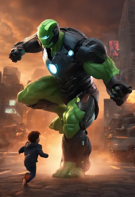 Kid in all black iron man suit, fighting the hulk