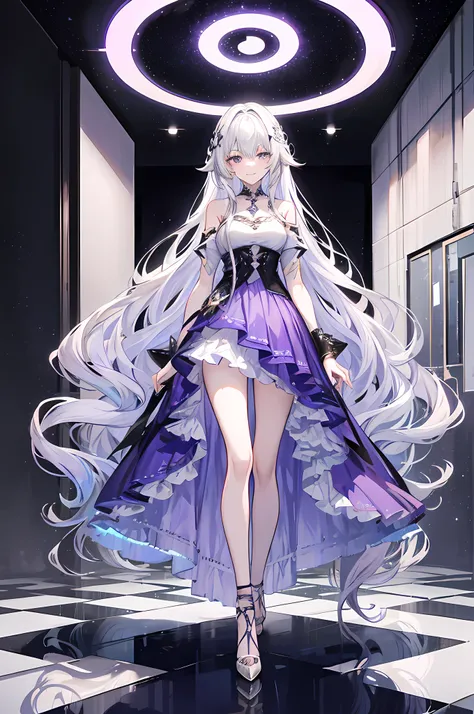 Silvery hair,Asymmetrical hair, hair over shoulders, Messy hair, Very long hair, Shiny hair，(Long hair:1.2),a beauty girl，Violet skirt，Tall and tall，slenderness，With a smile，Flushed face，Standing in Wonderland，Radiant