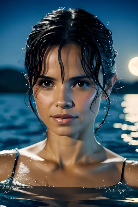 8K, Night, Bright moon, Reflection, Elena Anaya, Small breasts, Half out of the water,  Protruding, Wet hair, Blurred eyes