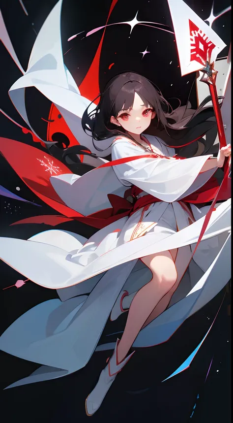 Top image quality、ultra-definition、Detail Facial、A detailed eye、A dark-haired、The long-haired、teens girl、CharacterDesignSheet、full body Esbian、red eyes、Ruby-like eyes、beautidful eyes、white robes、Big magic wand、Red snowflake、holding a magic wand、The red mag...