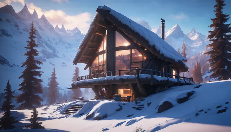 Mountain cabin, Horizon Zero Dawn style, snow, rustic charm, futuristic design, sleek lines, advanced technology, snow-covered peaks, serene atmosphere, soft glow, comfort, coziness, remnants, ancient machinery, robotic creatures, dormant, layer of snow, v...