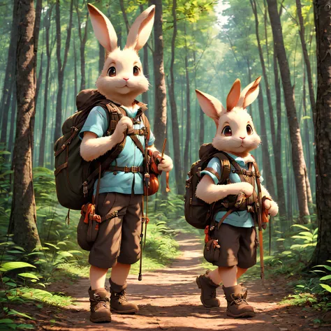 An anthropomorphic rabbit，Put on an explorers costume，Carrying a rucksack，Walk alone on a forest trail， Map and trekking poles in hand，  Cute detailed digital art， childrens art in artstation， Cute big breasts，anthropomorphic turtle，