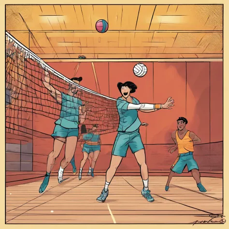 Chocolate playing indoor volleyball