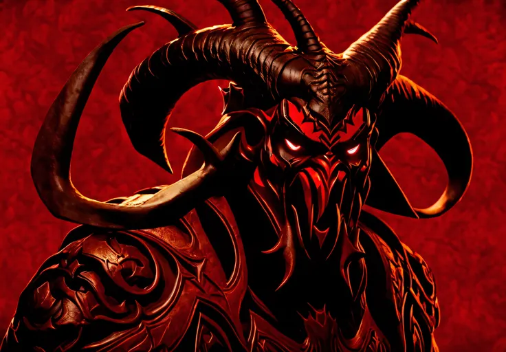 a close up of a red background with a demon head, ron desantis as satan, doom hell theme, red horns, fat ripped satanic creature...