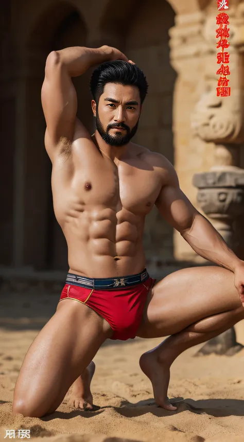 Three Kingdoms figure Zhang Fei，Color photograph of a man，Spartan feet，Super abs，Fitness postures，Affectionate，High facial detail，stand on sand，Thicker sexual organs，The white torn slim panties were only half worn，highdetailskin，Delicate skin pores，confide...