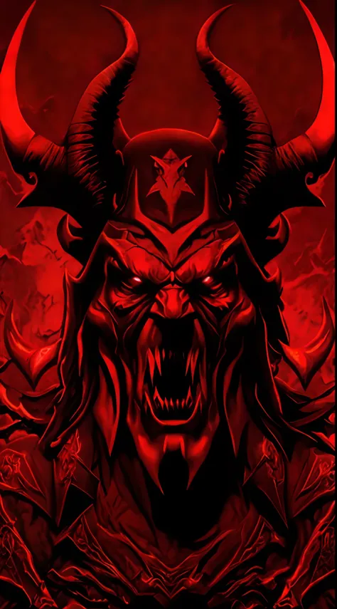 a close up of a red background with a demon head, ron desantis as satan, doom hell theme, red horns, fat ripped satanic creature...