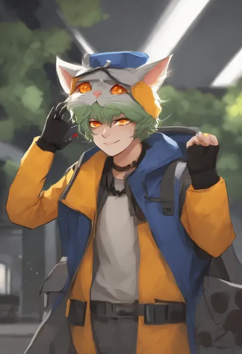 homestuck nepeta, olive green long jacket touching the floor, red orange yellow horns, blue flap hat with white cat face, black shirt with olive green leo sign, gray cargo pants, blue paw shows, gray fingerless gloves, yellow nails, cat shaped mouth with t...