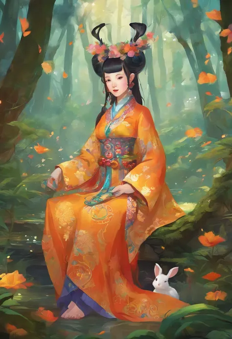 (Photograph of an ancient exploratory rabbit），It stands on a dark forest path，There are many bamboo slips), The rabbit is dressed in Tang Dynasty costumes, sandals, reading glasses, Ancient lanterns,
Background: Enchanted forest under the stars,concept art...