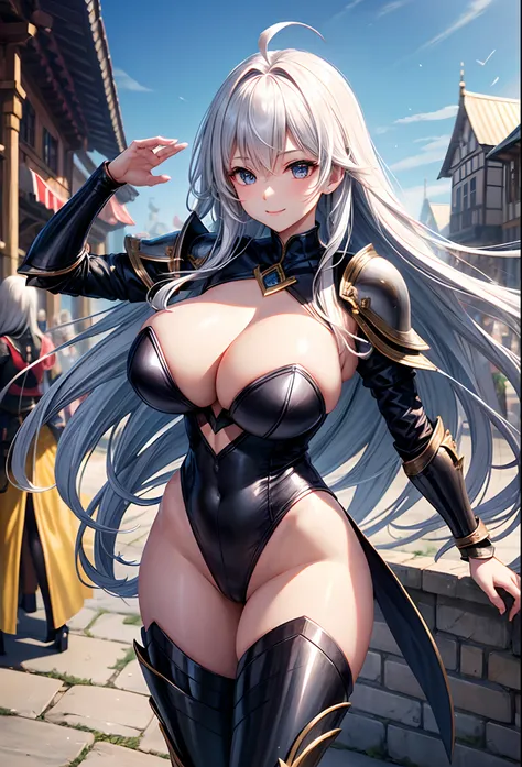 a beauty girl、huge tit、Excellent style、Nice Buddy、glamorous、Light equipment、Black leotard armor、highleg、gauntlets、greave、hair adornments、silber hair、Long Straight、Ahoge、cleavage of the breast、Exposure、１Person-person perspective、is standing、full body seen、a...