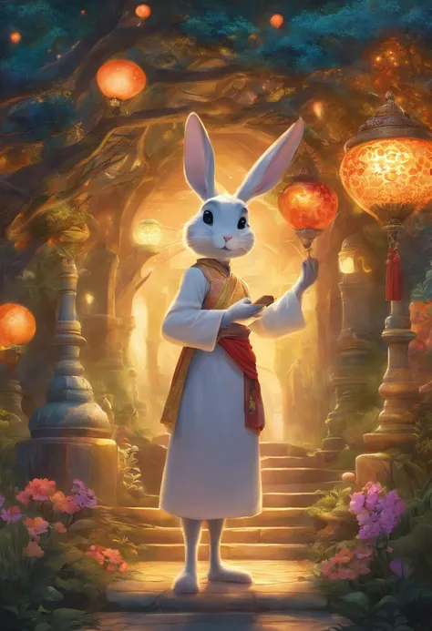 (Photograph of an exploration rabbit wearing reading glasses with a lot of old books on its back standing on a dark forest path），The rabbit is dressed in Tang Dynasty costumes, sandals, reading glasses, Ancient lanterns,
Background: Enchanted forest under ...