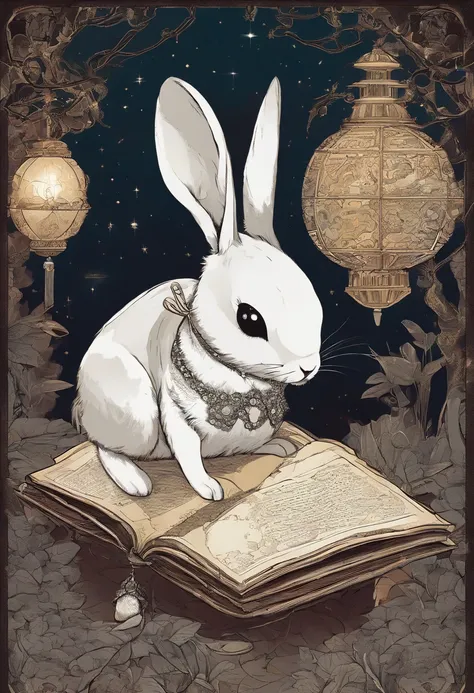 (Photograph of an exploration rabbit wearing reading glasses with a lot of old books on its back standing on a dark forest path），The rabbit is dressed in Tang Dynasty costumes, sandals, reading glasses, Ancient lanterns, Background: Enchanted forest under ...