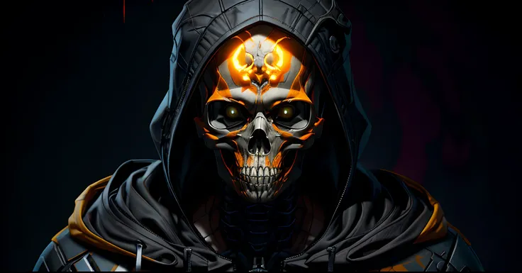 a close up of a person with a hood on and a skull on, hooded skull, wojtek fus, unreal 5. rpg portrait, cyberpunk skeleton, hastur the king in yellow, glowing yellow face, craig mullins dark key, corvo attano, craig mullins nekro, unreal engine 5 digital a...