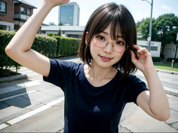 Woman posing in casual clothes、Street corner of Japan、top-quality、女の子 1 人、Small chest、tag、with light glowing、blur backgroun、Bokeh、outside of house、(Street:0.8)、Woman with glasses、Glasses with a thin frame、Round lens glasses、Thin golden glasses frame、Sweate...