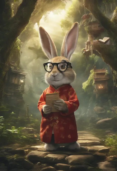 (Photo of an adventure rabbit wearing reading glasses），There are a lot of old books on my back，Stand on a dark forest trail， (Rabbit with reading glasses:1.37) ，Wearing Tang Dynasty costumes, sandals, reading glasses, Ancient lanterns,
Background: Enchante...