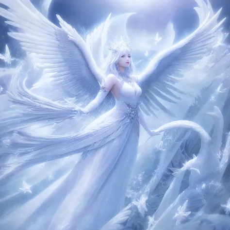 A woman wearing a white dress, flapping her wings in the air,the goddess of winter, the white witch, a river,a beautiful and elegant female fairy, the central fairy, high-quality fantastical art, the winter queen, female spirits, icy witches, beautiful fan...