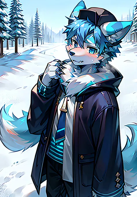 Wolf boy, covered in white and blue hair, eyes with different pupils, claws, wolf ears, a blue stripe on his forehead, standing calmly on the snow, wearing a hat