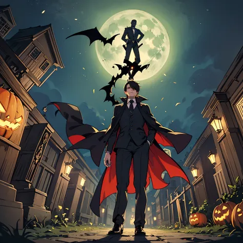 (((masterpiece))),best quality, 1 man, cape, suit, Jack O Lanterns, in a graveyard, eerie, moonlit, foggy Halloween night, spooky ambiance, wide-angle shot --auto --s2