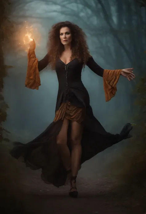 51 yo witch in a fantasy world, striped thigh-high socks, posing for viewer, messy curly hair, asymmetrically placed hair, tall woman, flowing garb, stunningly beautiful woman, arms outstretched in casting motion, arm sleeves, devious eyes