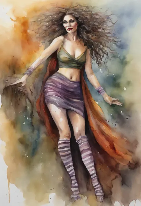 51 yo witch in a fantasy world, striped thigh-high socks, posing for viewer, messy curly hair, asymmetrically placed hair, tall woman, flowing garb, stunningly beautiful woman, arms outstretched in casting motion, arm sleeves, devious eyes, seductress