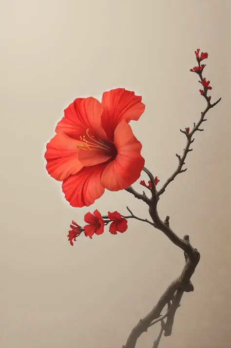 hibiscus flower blooming on a gnarled branch against a grey background, simple background, in the style of light orange and light beige, minimalist images, photography installations, paleocore, green and crimson, hyper-realistic, poetic intimacy