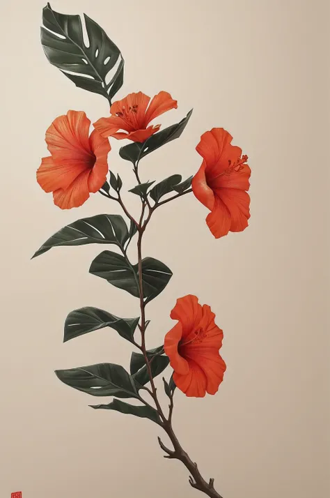 hibiscus flower blooming on a gnarled branch against a grey background, simple background, in the style of light orange and light beige, minimalist images, photography installations, paleocore, green and crimson, hyper-realistic, poetic intimacy