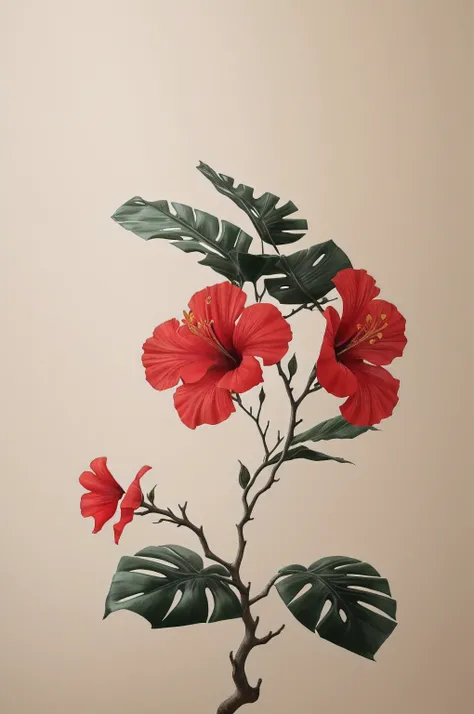 hibiscus flower blooming on a gnarled branch against a grey background, simple background, in the style of light orange and light beige, minimalist images, photography installations, paleocore, green and crimson, hyper-realistic, poetic intimacy