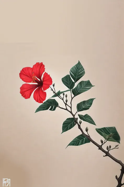 hibiscus flower blooming on a gnarled branch against a grey background, simple background, in the style of light orange and light beige, minimalist images, photography installations, paleocore, green and crimson, hyper-realistic, poetic intimacy