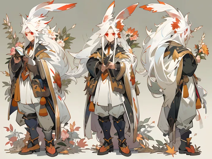 ((Three-view of roles)), ((tmasterpiece))、((Top quality))、((CharacterDesignSheet，Same role，frontage、Lateral face、on back))，illustration, ((1 Old fashioned man ，cold red eyes，flowers in his hand)), Nature, big rabbit ears, long hairs, white hair, Unkempt ha...