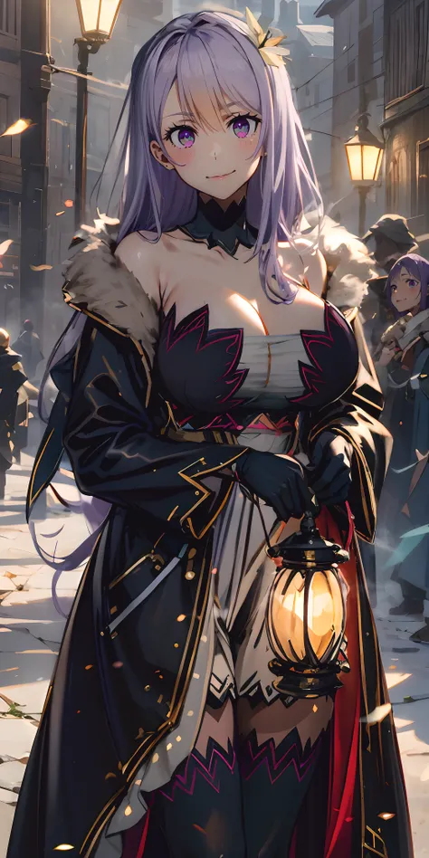 MedGorg, (long hair, purple hair:1.6), purple eyes, breasts, epic art, fantasy, 1girl, gloves, black_gloves, black_legwear, looking_at_viewer, coat, breasts, fur_collar, jewelry, holding, solo, dress, pantyhose, standing, "long shot scenic professional p...