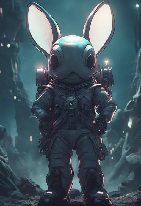 (An adventure cartoon rabbit is leaning over to take a closer look at the terrain in a pitch-black forest)，（Bent over position），（A solemn expression on his face），（Recon Warrior Equipment）
Background with: Magical jungle at night，D rendering {{Masterpiece}}...