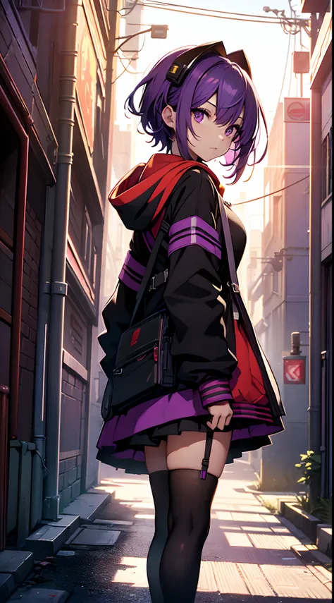 natta、Colorful cyberpunk city background、Back alley、Colorful lighting、maid girl、a miniskirt、Purple Eye、Purple short hair、radiant eyes、Black stockings、Back lighting、brilliance、looking at the spectator、Low Angle Lens、Hoodie with white and red lines、perfect-c...