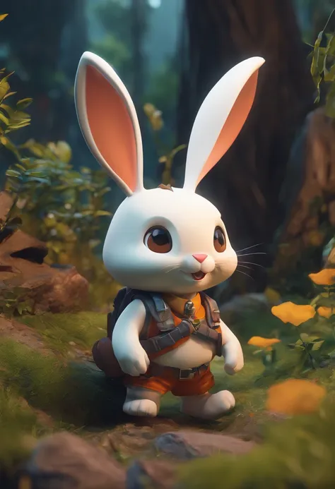 (An adventurous cartoon rabbit is leaning over to take a closer look at the terrain in the dark forest)，（Bent over position），（He had a solemn expression on his face），（Scout fighter equipment）
Background with: Magical jungle at night，D rendering {{Masterpie...