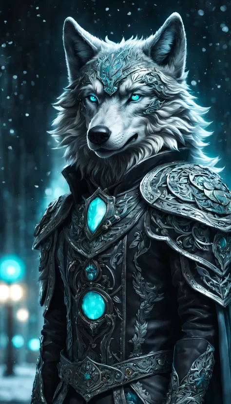 An anthropomorphic wolf with bluish-gray fur and luminous turquoise eyes, posicionado em uma cidade moderna com neve caindo ao redor. Ele veste uma armadura negra e detalhada, Carved with intricate patterns reminiscent of ice and intertwined branches. Armo...