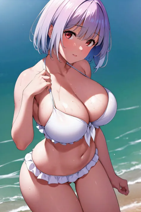 masterpiece, best quality, highres, aaakane, short hair, red eyes, large breasts, swimsuit, frilled bikini, white bikini, front-tie top, wet, water, lying, from above,NSFW,official art,extremely detailed CG unity 8k wallpaper, perfect lighting, (masterpiec...