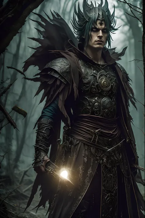 Epische Szene mit einer dunklen Fee,glowing,neblig, uhd photorealisitc authentischer psychotischer, angry madman, who wears dark fantasy outfit and intricate gothic makeup,Mache etwas dunkle Magie im Wald, full entire body, Komplizierte Details, creepy atm...