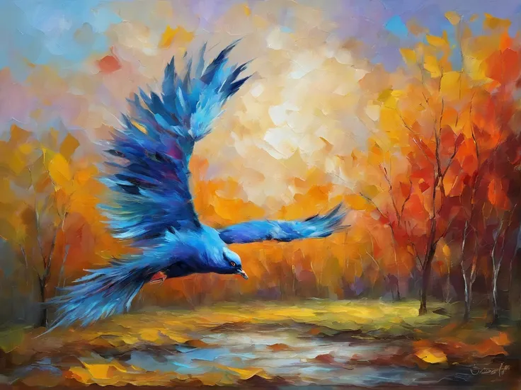 realistic lighting, vibrant colors, soft brush strokes, detailed feathers, flying motion, nature scenery, peaceful atmosphere, sunny day, whimsical clouds, joyful expression, artistic illustration, magical moment