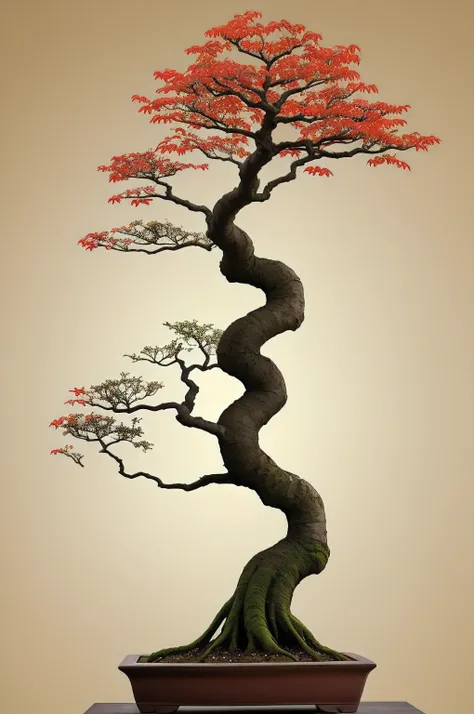 bonsai on a gnarled branch against a grey background, simple background, in the style of light orange and light beige, minimalist images, photography installations, paleocore, green and crimson, hyper-realistic, poetic intimacy