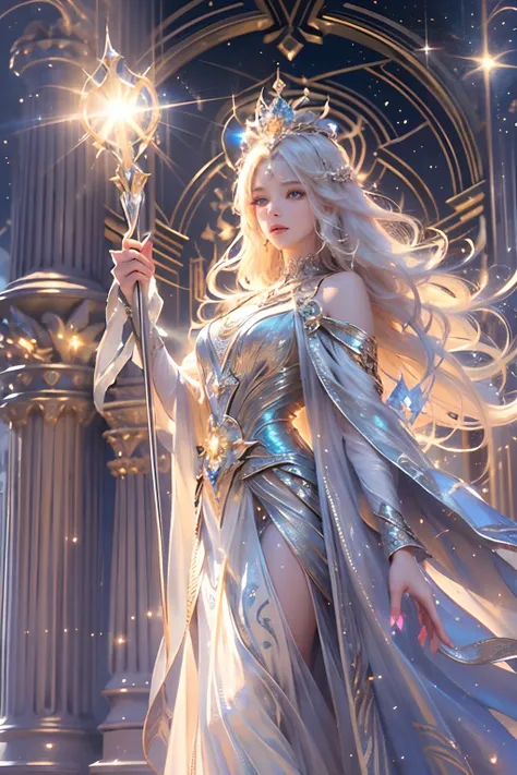 (masterpiece, best quality, ultra-detailed 8k cg unity wallpaper), luminous light goddess in full-body portrait, (body radiating...