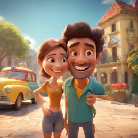 3d creation Disney pixar film scene, there is a man and a woman smiling for a photo together, profile image, Director: Nandor Soldier, Malika Favre, 3 Brazilian mother of 5 years, andrea rocha, Happy couple, profile photo, david rios ferreira, Director: Da...