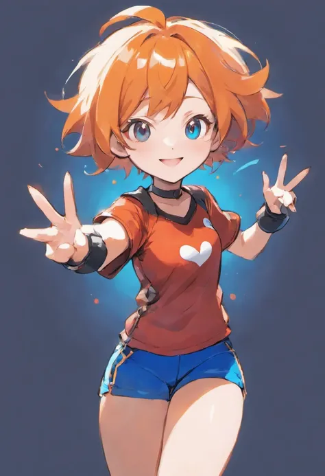 l girl, short orange hair, red eyes, confident smile, red t-shirt with white dots, blue shorts, black fingerless gloves, blue background