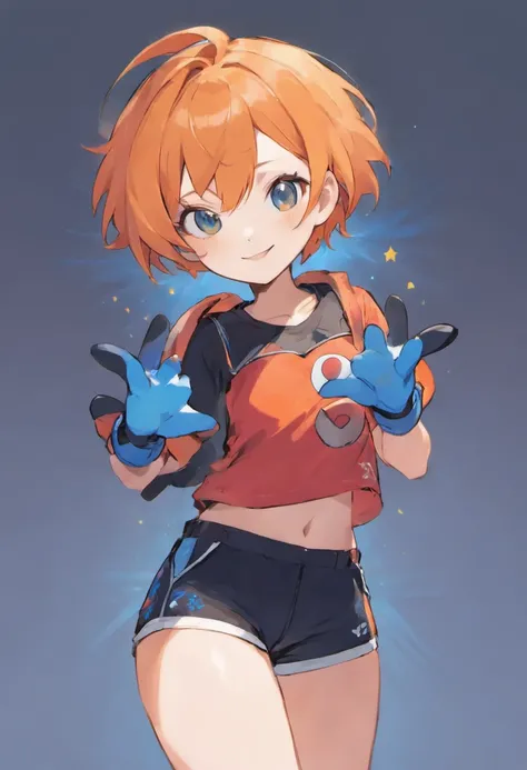 l girl, short orange hair, red eyes, confident smile, red t-shirt with white dots, blue shorts, black fingerless gloves, blue background