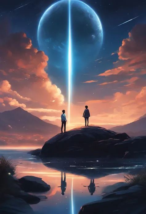 anime man standing on a rock looking at a star filled sky, makoto shinkai cyril rolando, anime art wallpaper 4k, anime art wallpaper 4 k, anime art wallpaper 8 k, cosmic skies. by makoto shinkai, inspired by Cyril Rolando, in the style dan mumford artwork,...