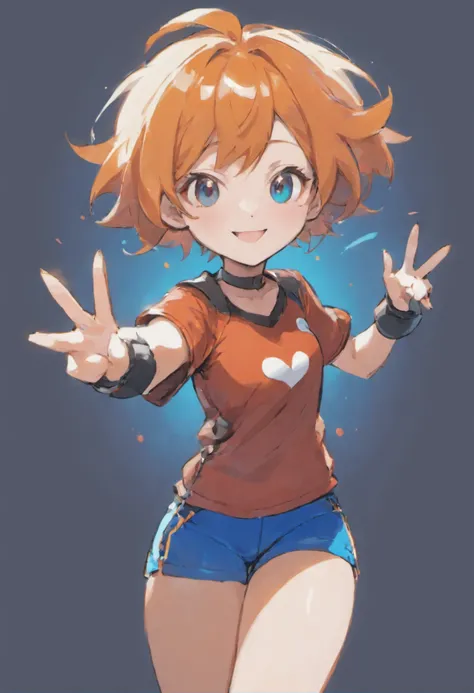 l girl, short orange hair, red eyes, confident smile, red t-shirt with white dots, blue shorts, black fingerless gloves, blue background