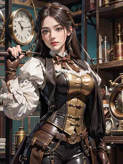 (Victorian steampunk theme,Victorian steampunk style),Extremely detailed, Best Quality, Ultra-realistic,hight resolution, Dynamic Angle, Dynamic Pose, (1girl in), Glass Goggles, Leather gloves, brass buttons, waistcoat, corsets, Top hat, Mechanical arm, Br...