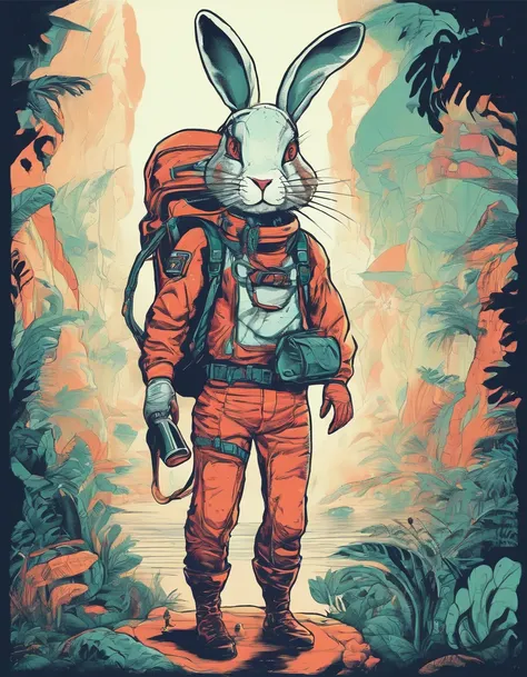 Herren. Adventurer Bunny，Wearing an explorers hat，Carry a bag，Behind him was a dense jungle