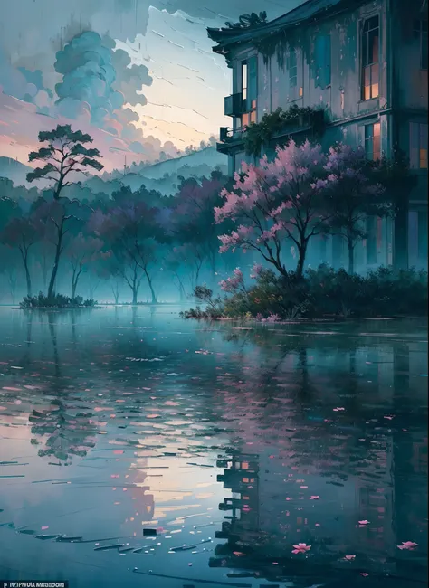 Best quality,4K,8K,A high resolution,Masterpiece:1.2,Ultra-detailed,Realistic,Photorealistic:1.37,landscape,Monet,Impresionismo,flood,illuminations,Japan culture,disaster,heavy rain,Dark clouds,Gloomy atmosphere,Flooded rivers,damaged buildings,Desolate st...