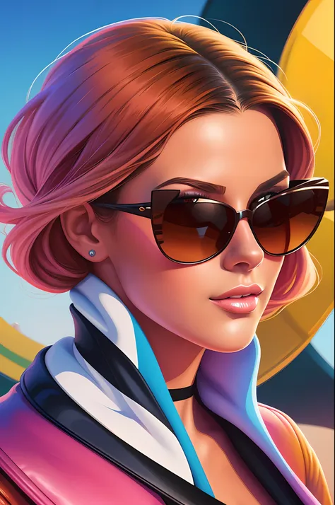 a close up of a woman with sunglasses and a scarf, in style of digital illustration, style digital painting, portrait color glamour, glossy digital painting, in style of digital painting, vibrant digital painting, digital art style, in style of digital art...